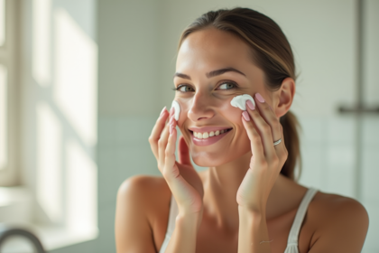 Femme souriante appliquant une creme hydratante sur le visage