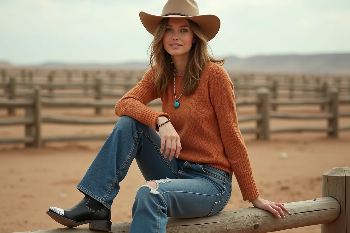 Femme assise sur une clôture de ranch portant un jean large cropped et des bottes western noires à bout argenté, style western authentique en plein air