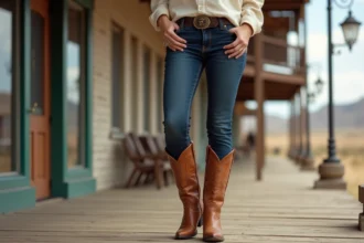Femme en jean slim indigo foncé et bottes cowboy western camel avec broderies, tenue mode western chic en extérieur
