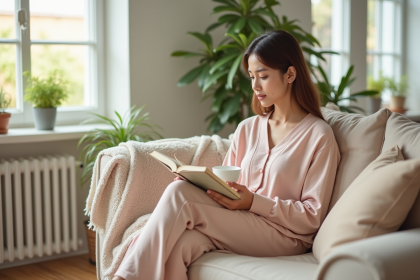 Jeune femme détendue en tenue lounge dans un salon lumineux