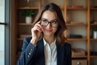 Femme élégante portant des lunettes mode dans une boutique