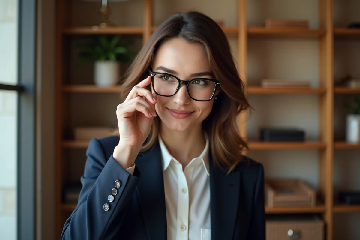 Femme élégante portant des lunettes mode dans une boutique