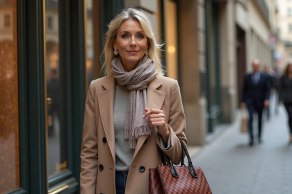 Femme élégante dans une rue chic de Paris avec shopping de luxe