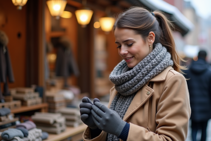 Femme essayant des gants d'hiver dans un marché extérieur