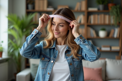 Femme mesurant sa tête avec un ruban dans un salon lumineux