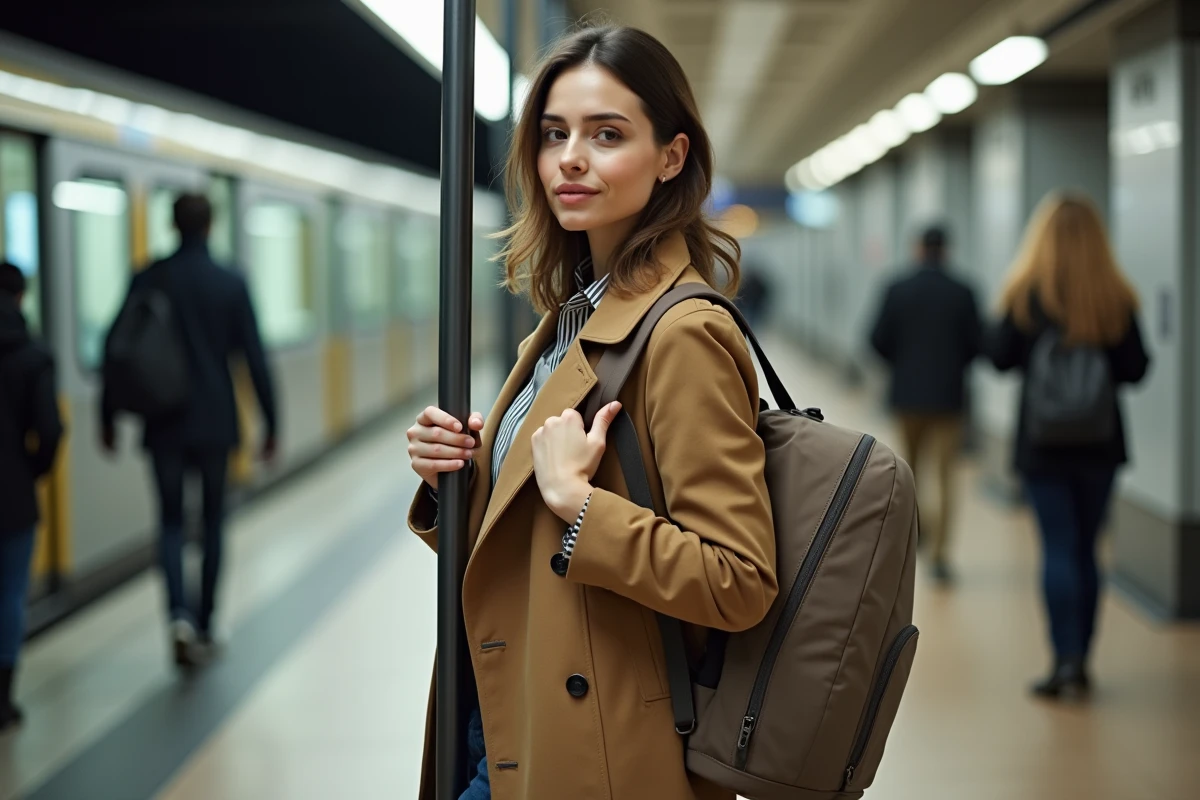 Femme en trench coat dans le métro avec un sac à dos ordinateur ergonomique taupe, ajustant la bretelle