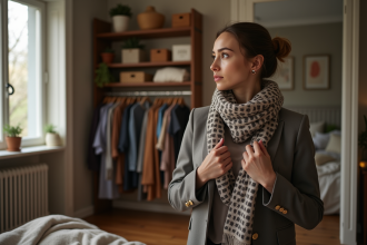 Femme en miroir ajustant un foulard mode cosy