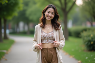 Femme élégante dans un parc urbain en style tendance