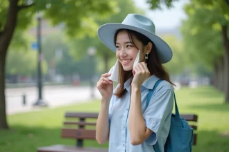 Femme souriante portant un chapeau léger dans un parc urbain