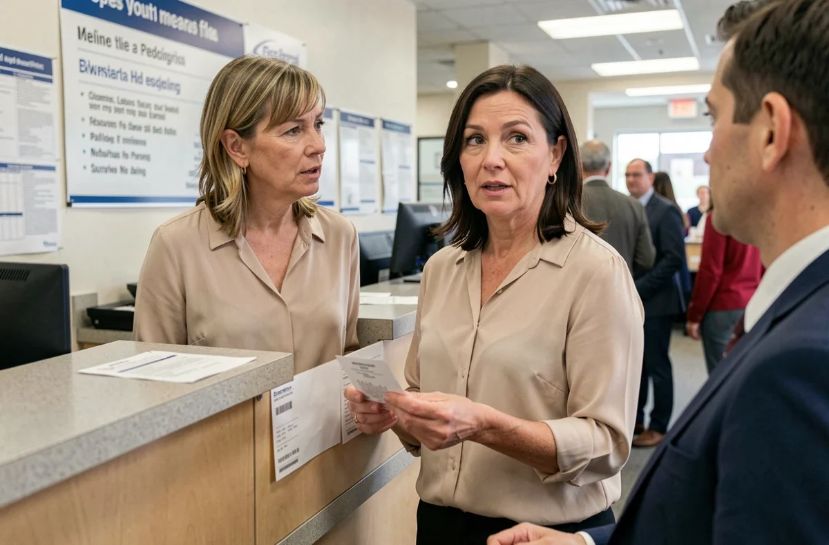 Femme déposant une réclamation en bureau de poste pour un colis de commande litigieux