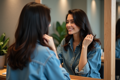 Femme souriante regardant son reflet dans un salon de coiffure