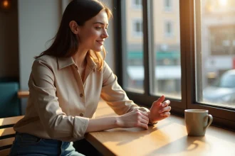 Femme élégante portant une bague en argent au café