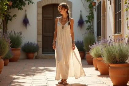 Femme en robe longue bohème crème brodée dans une cour provençale rustique, style hippie chic naturel