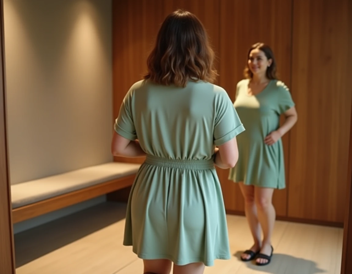 Femme ronde essayant une robe de sport Halara vert sauge devant un miroir en cabine d'essayage