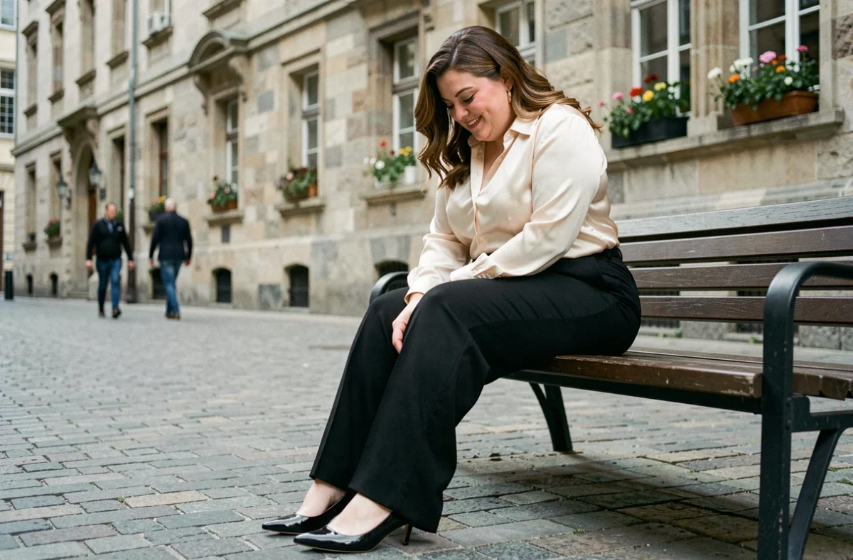 Femme ronde assise en ville portant un pantalon tailleur large et kitten heels noirs vernis