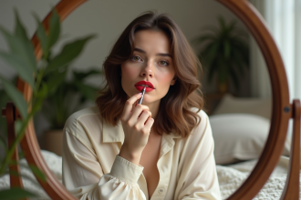 Femme appliquant rouge à lèvres dans une chambre cosy