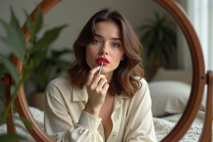 Femme appliquant rouge à lèvres dans une chambre cosy