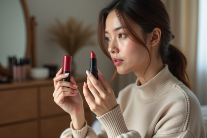Femme examinant un rouge à lèvres rouge dans sa chambre