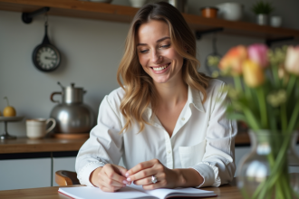 Femme ajustant une bague en perle dans une cuisine chaleureuse