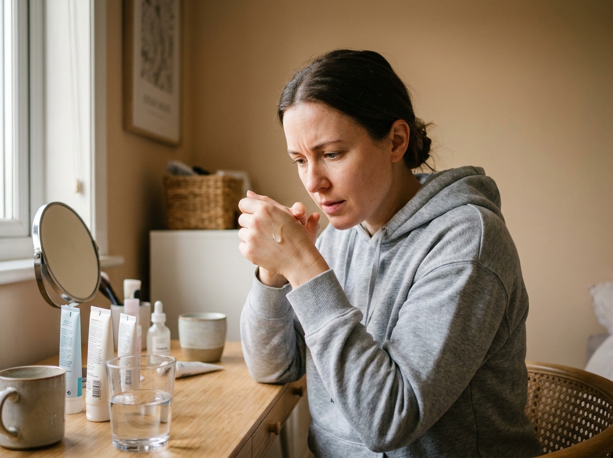 Femme examinant la texture d'un sérum sur sa main lors de sa routine soin pour peau grasse