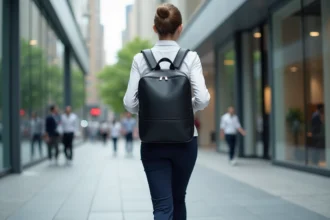 Femme active portant un sac à dos ordinateur noir élégant en marchant dans un quartier d'affaires urbain
