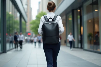 Femme active portant un sac à dos ordinateur noir élégant en marchant dans un quartier d'affaires urbain