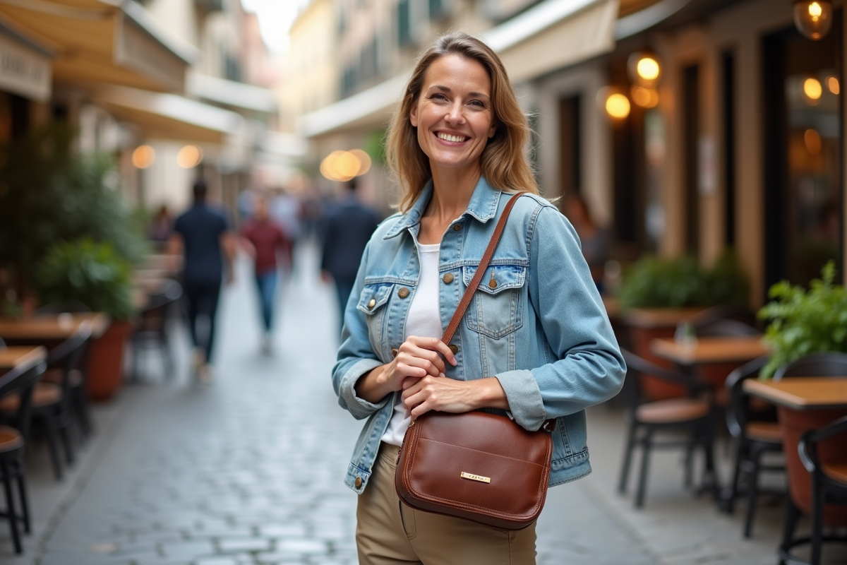 Femme en denim et khaki ajustant son sac en cuir dans un café européen
