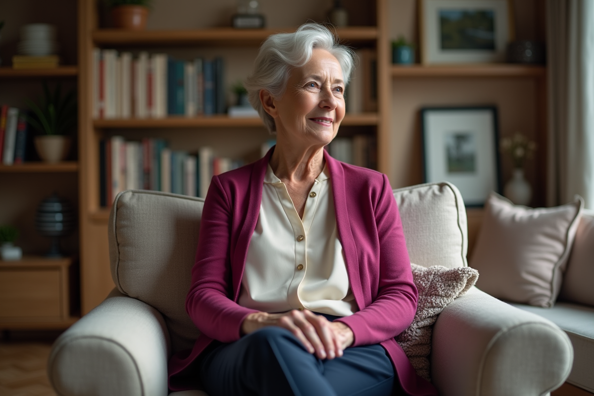 Femme de 60 ans assise dans un salon cosy et décoré