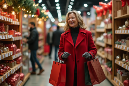 Femme souriante en manteau rouge achetant des decorations de Noel