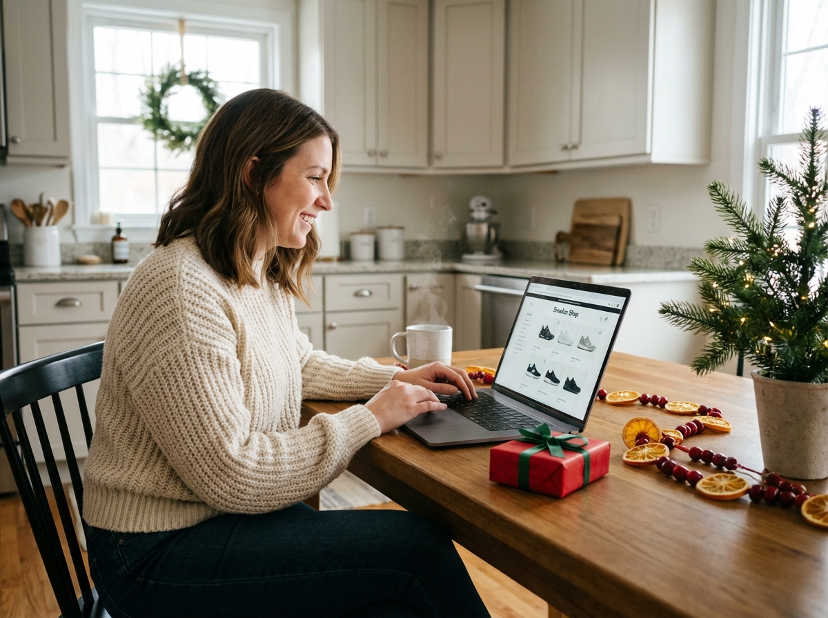 Femme souriante achetant des sneakers sur son ordinateur à la maison