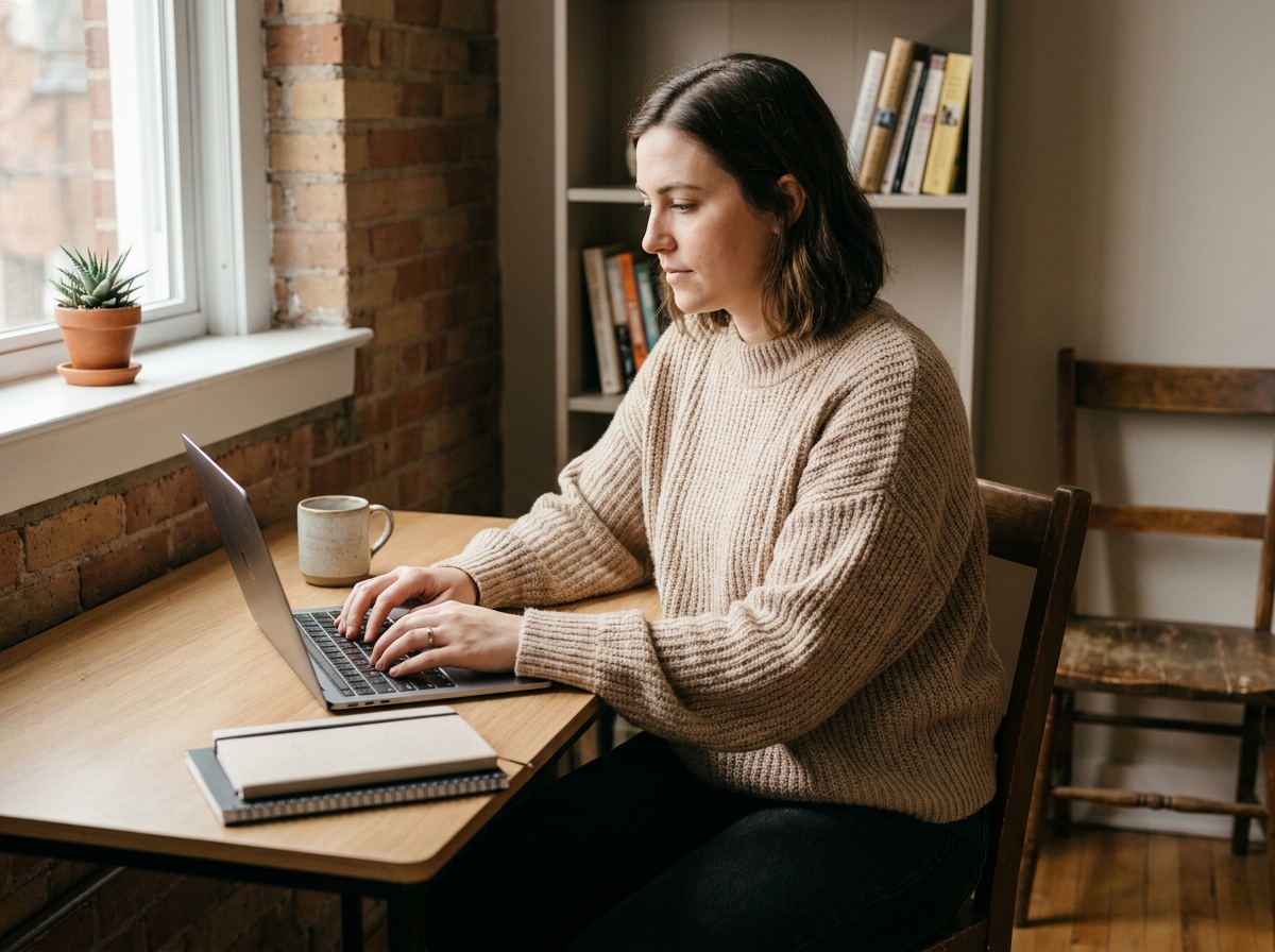 Jeune femme travaillant seule à son bureau à domicile dans un espace minimaliste et chaleureux