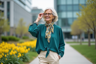 Femme élégante de 60 ans dans un parc urbain en blouse teal