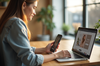 Jeune femme utilisant smartphone et ordinateur portable