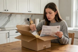 Femme inspectant le contenu d'un colis de commande en ligne à la recherche d'un article manquant