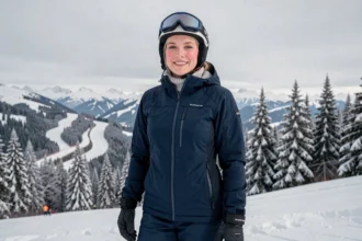 Femme en veste de ski technique d'une marque de montagne au sommet d'une piste alpine enneigée en station de ski