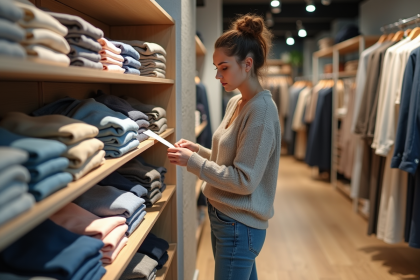 Femme examinant étiquettes de tissus dans un magasin moderne