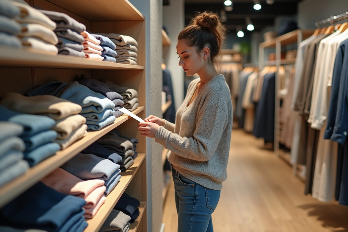 Femme examinant étiquettes de tissus dans un magasin moderne