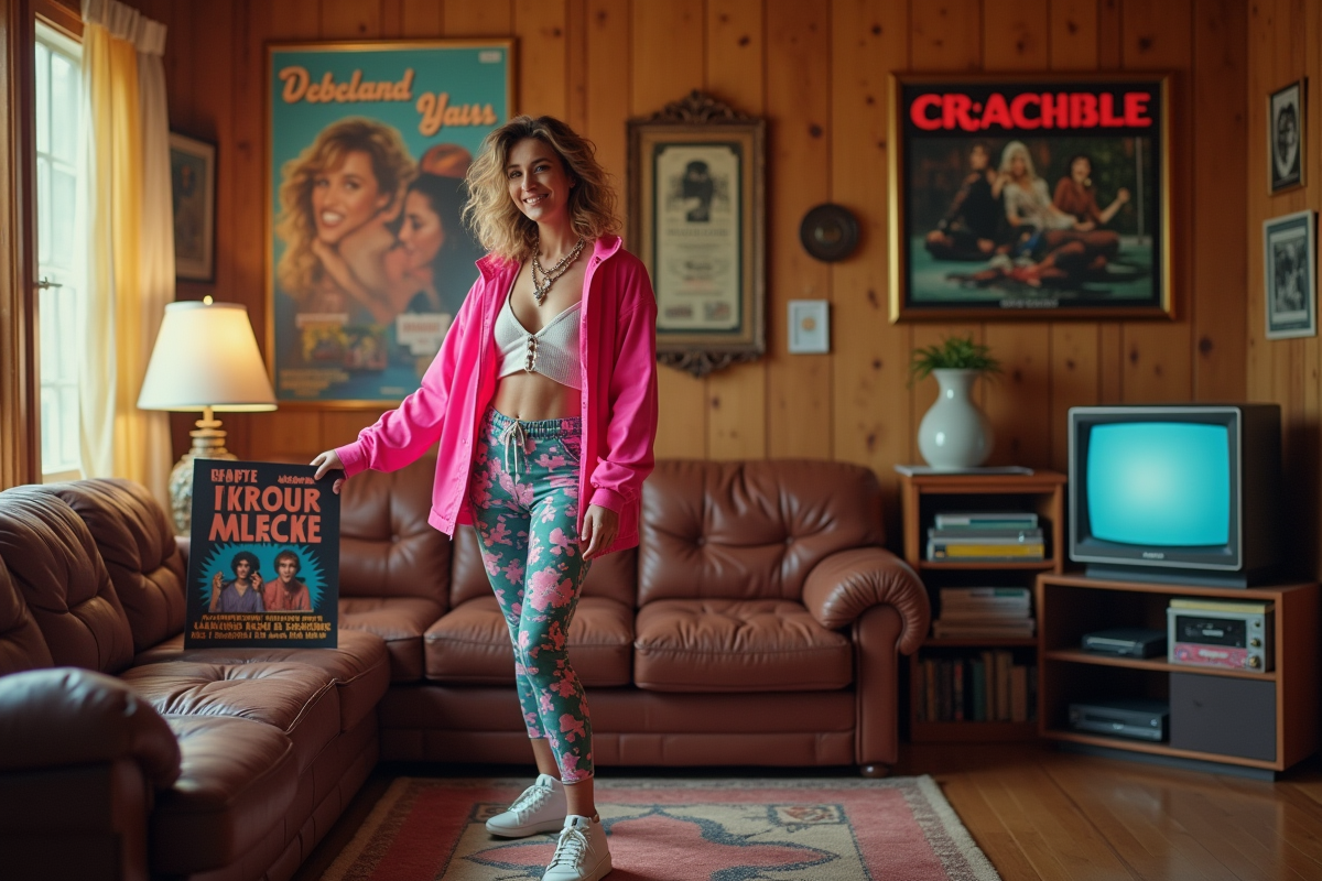 Femme choisissant un vinyle dans un intérieur rétro