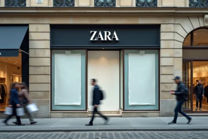 Devanture fermée d'un magasin Zara dans un centre-ville européen, vitrines occultées et enseigne partiellement retirée