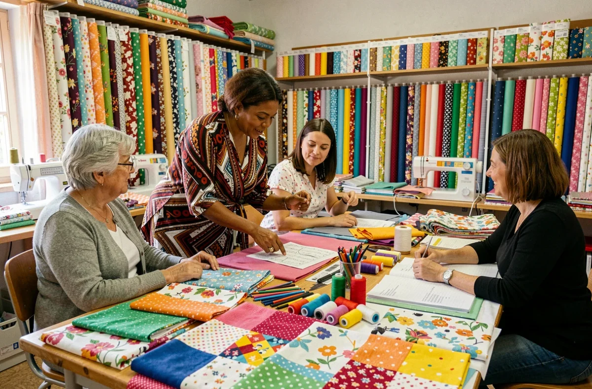 Atelier de couture créative Filou Création en Bourgogne-Franche-Comté avec groupe de participantes autour d'une table de tissus colorés