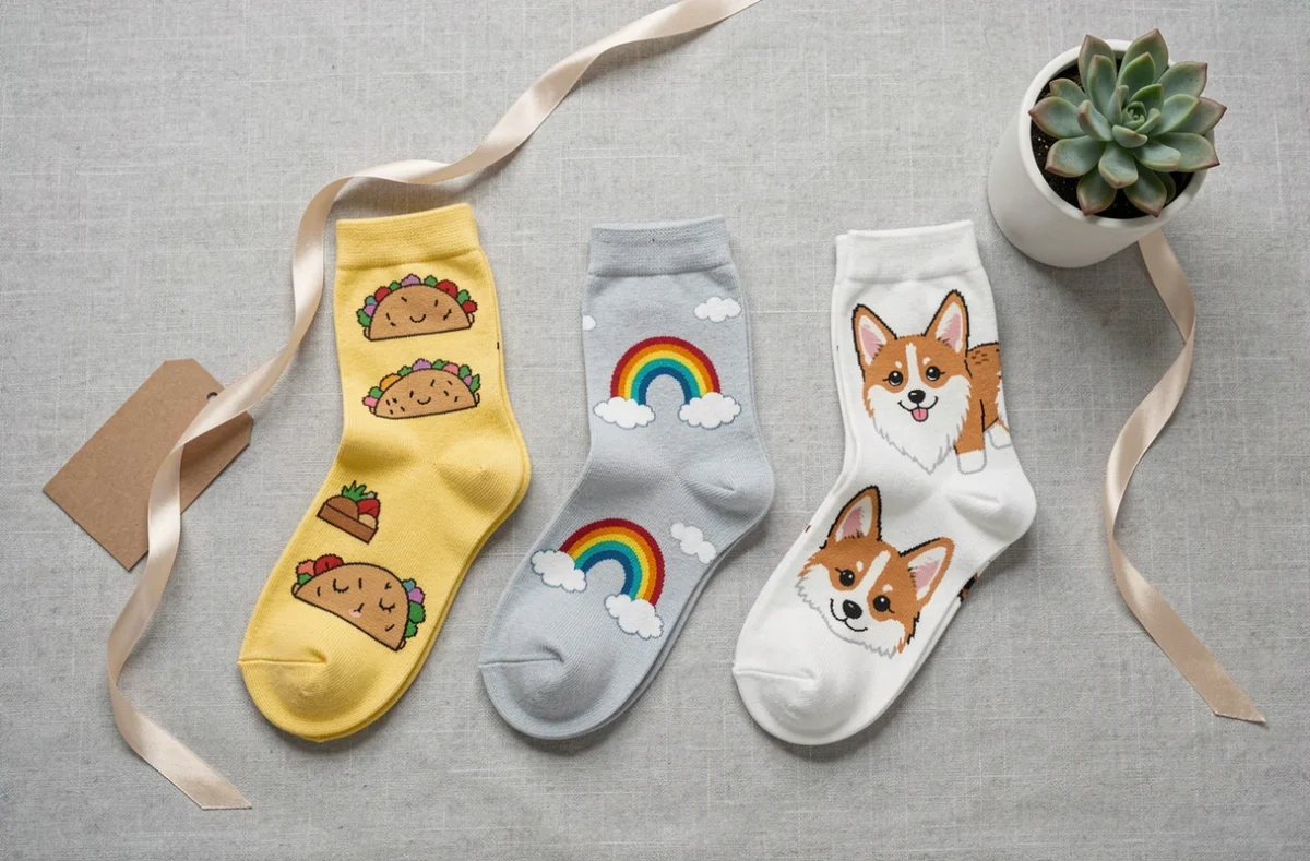 Flat-lay de chaussettes humoristiques pour femme aux motifs originaux tacos et corgi, présentées avec emballage cadeau kraft sur fond lin gris pour idée cadeau