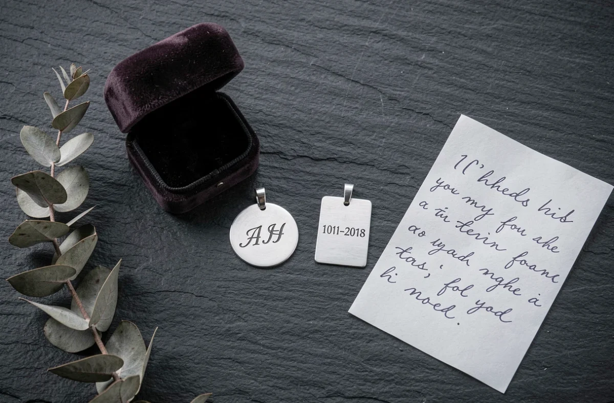 Flat-lay de deux pendentifs en argent gravés avec leurs initiales et date sur une surface en ardoise avec boîte à bijoux