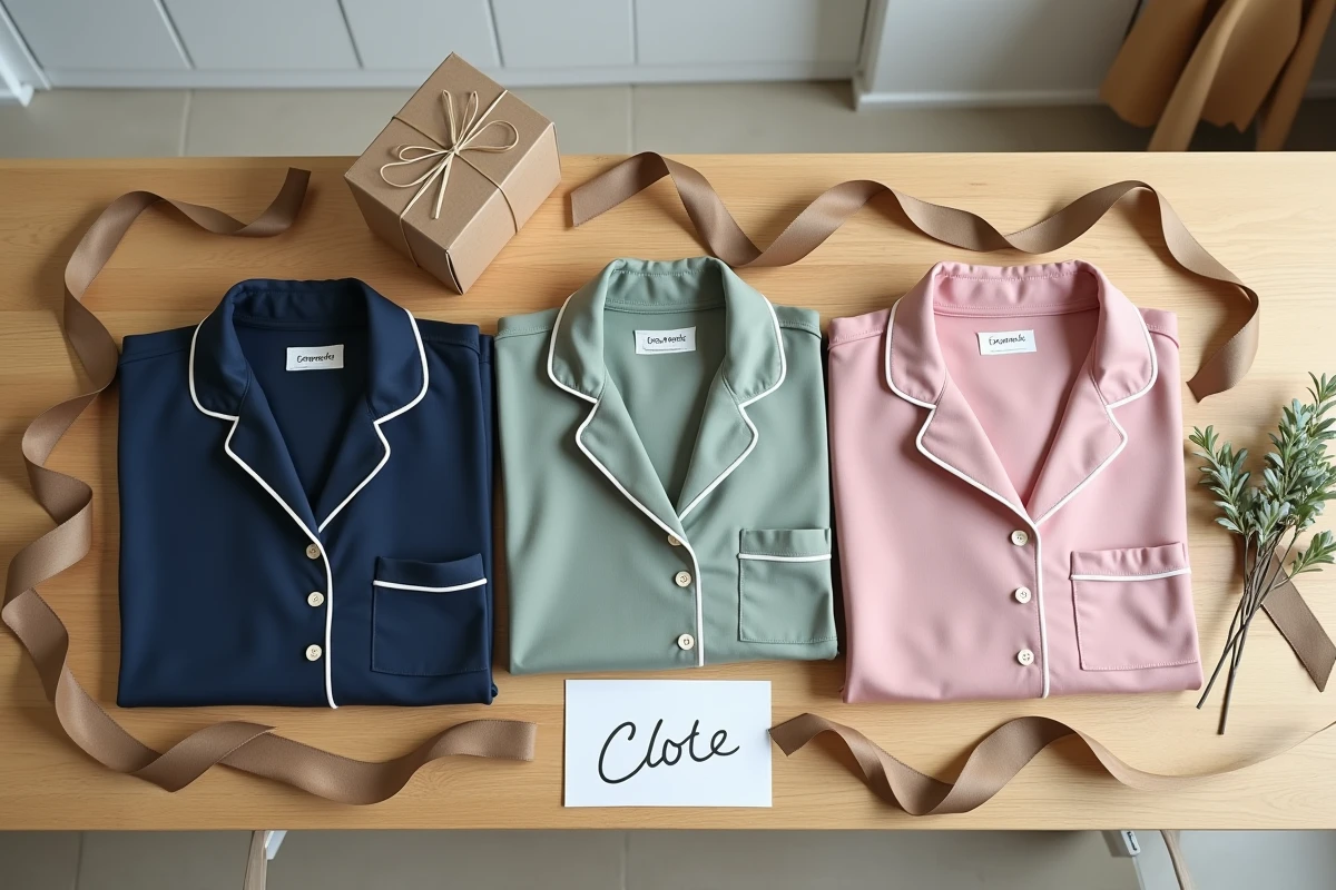 Flat lay de trois pyjamas personnalisés en différentes couleurs avec accessoires de cadeau sur table en bois