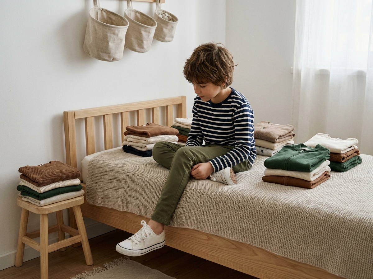 Garçon assis sur un lit entouré de vêtements enfant soigneusement pliés dans une chambre épurée