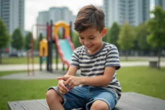 Garçon de 8 ans examine un anneau de superheros dans un parc
