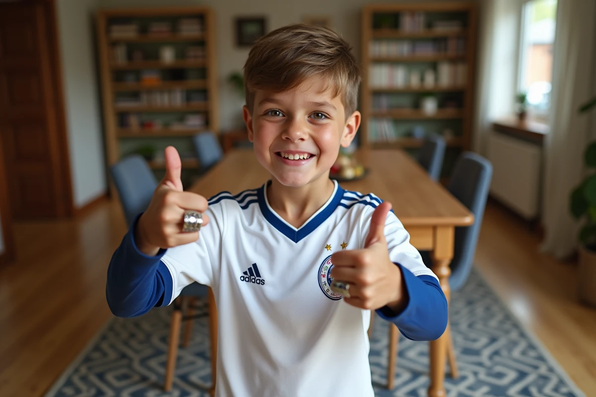 Jeune garçon montre un anneau de football dans la maison