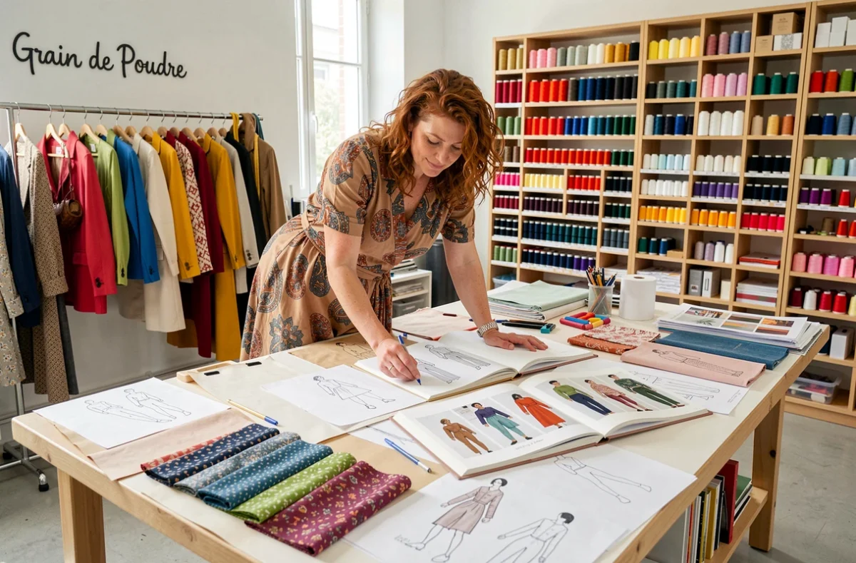 Atelier Grain de Poudre à Dijon avec créatrice examinant des esquisses de mode et des tissus