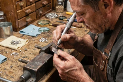 Artisan graveur travaillant sur un pendentif en argent dans son atelier de bijouterie traditionnel