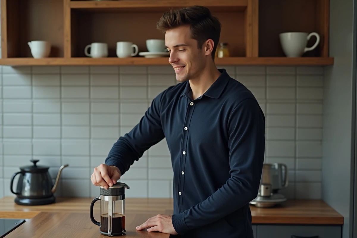 Homme grande taille en grenouillère bleue marine dans une cuisine moderne versant du café