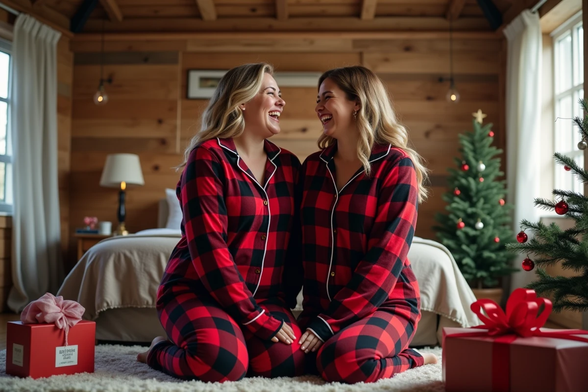 Deux femmes dont une grande taille portant des grenouillères écossaises rouges assorties dans une chambre festive